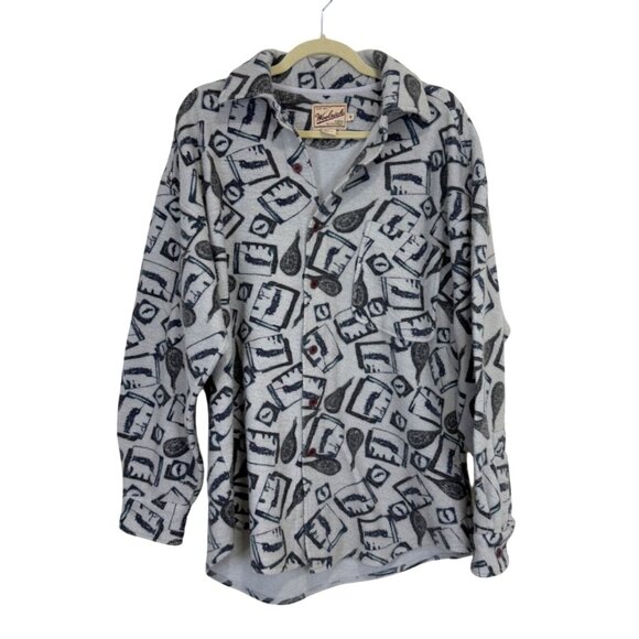 Vintage Woolrich Button-Up Flannel Shirt Fishing Print Size M Shacket Grey - Picture 1 of 6